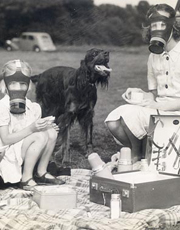 The L'Alouette family and dog, picnicking in gas masks 1939