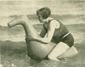 Woman rides an inflatable horse, Worthing 1930
